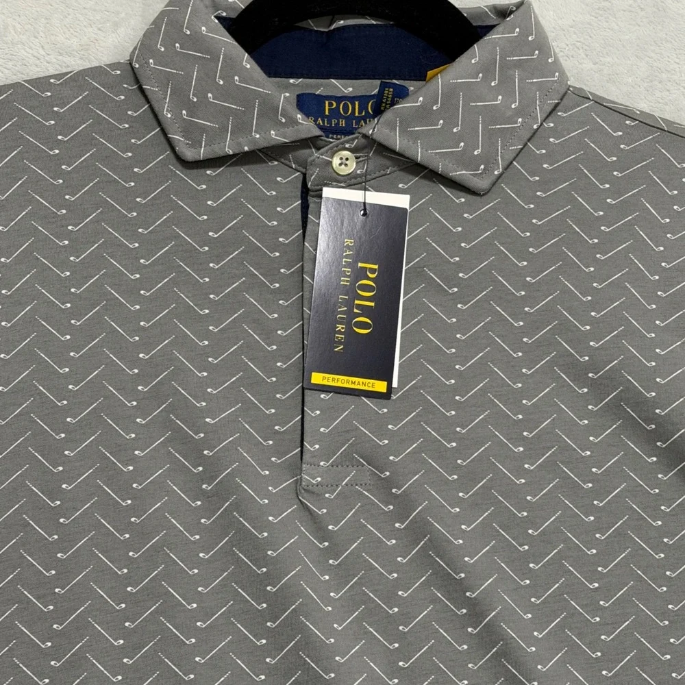 Polo Ralph Lauren Performance Golf Polo Mens L Grey Golf Club Print NWT
